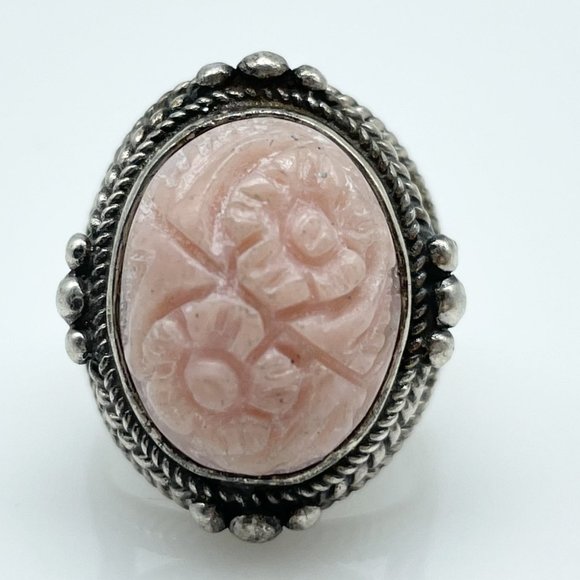Vintage Pink Carved Stone Cab Flowers Bali Design Sterling Silver SIZE 5.25 Ring - Picture 3 of 5